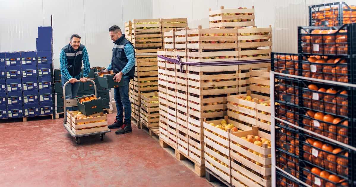 crates of produce in retail storage area