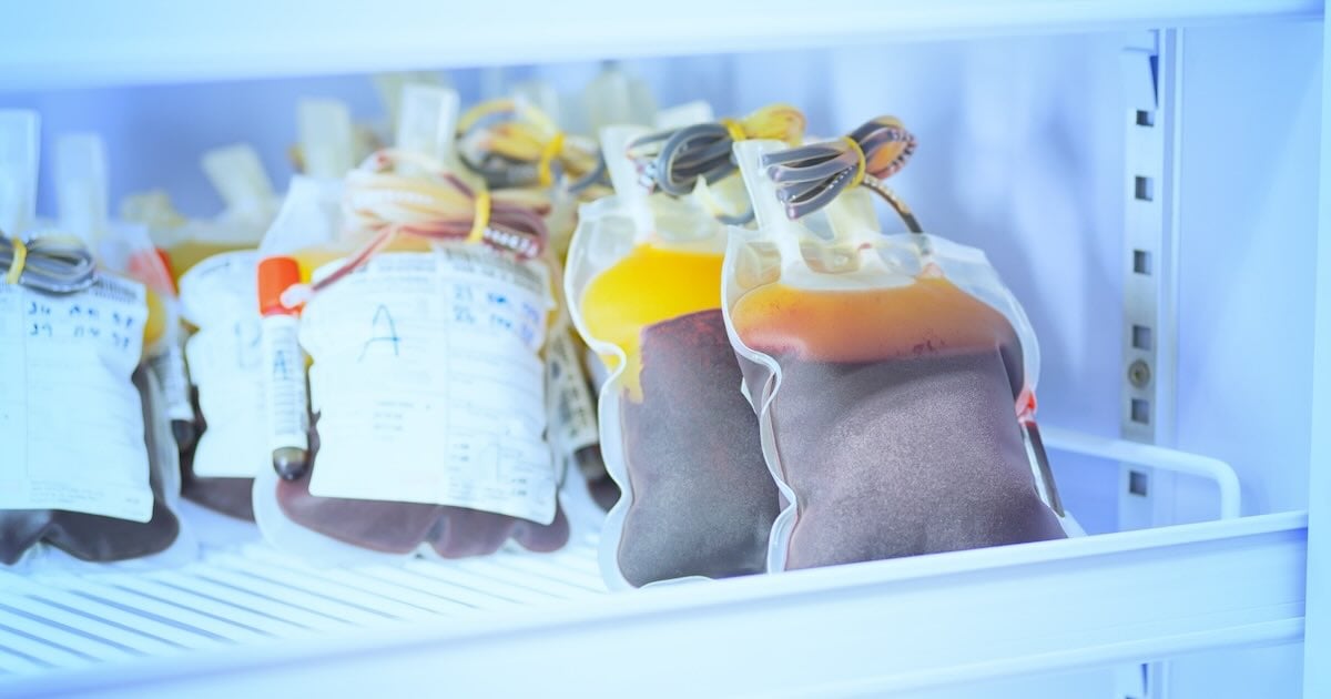 frozen blood product in a freezer